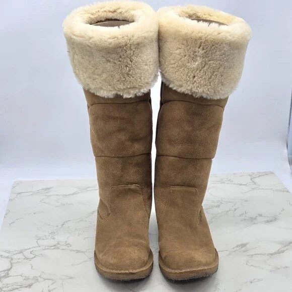 UGG Boots Womens 8.5 Samantha Chestnut Brown Shearling Suede Knee Tall 1008706